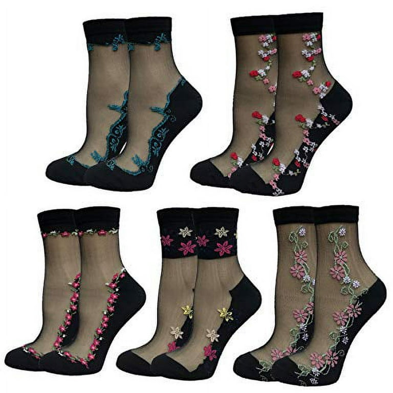 5 Pairs Women Sheer Mesh Transparent Socks Ultrathin Silk Stockings Lace  See Through Short Anklets Clear Socks