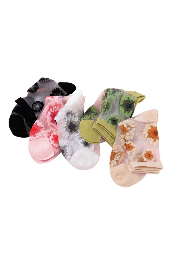 5 Pairs Women Sheer Socks Summer Transparent Thin Mesh Lace Flowers Socks