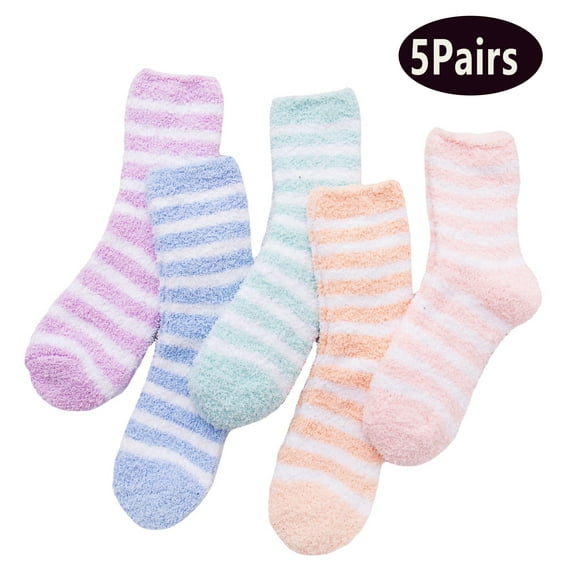 5 Pairs Women Socks Striped Fluffy Coral Velvet Thick Warm Winter Socks Girls Indoor Floor Towel Socks(Purple,Blue,Green,Orange,Pink)