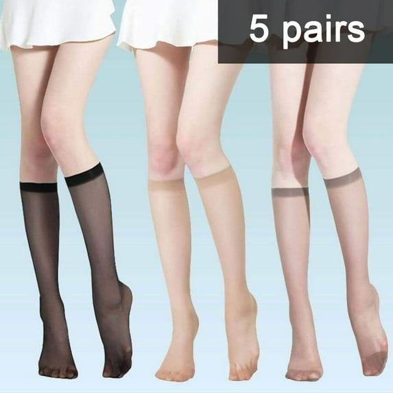 5 Pairs Women Stockings Ultra-thin See-through High Elasticity Anti-slip Solid Color Soft Breathable Quick Dry Lady Calf Length Long Socks