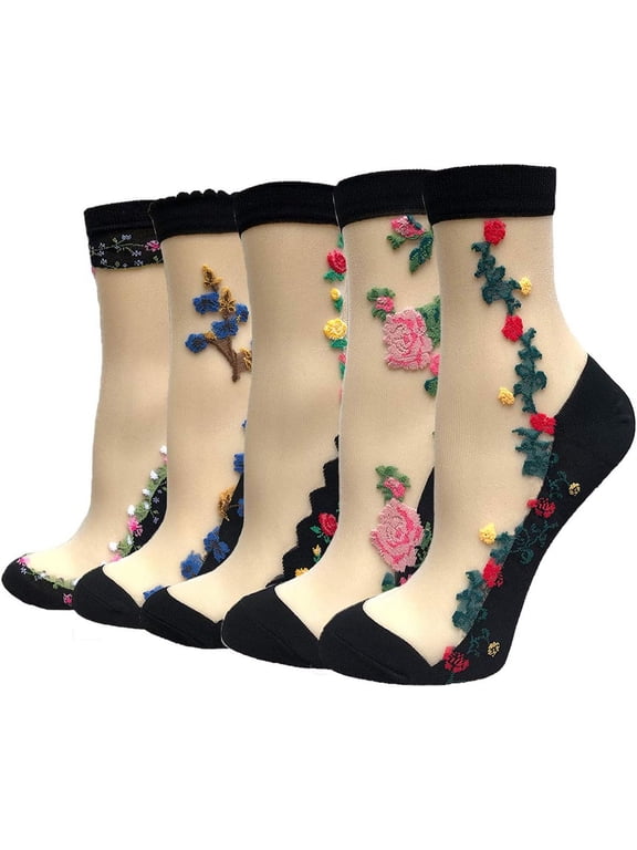 5 Pairs Women Transparent Sheer Mesh Socks See Through Thin Lace Breathable Socks Flower Patterned Silk Stockings