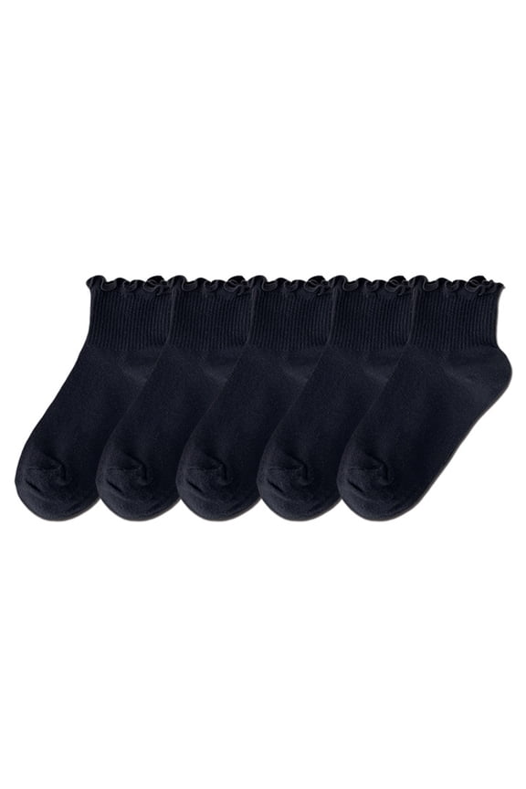 5 Pairs Women Vintage Black White Cotton Socks Student Casual Cute Frilly Ruffle Trim Ankle Socks Hosiery