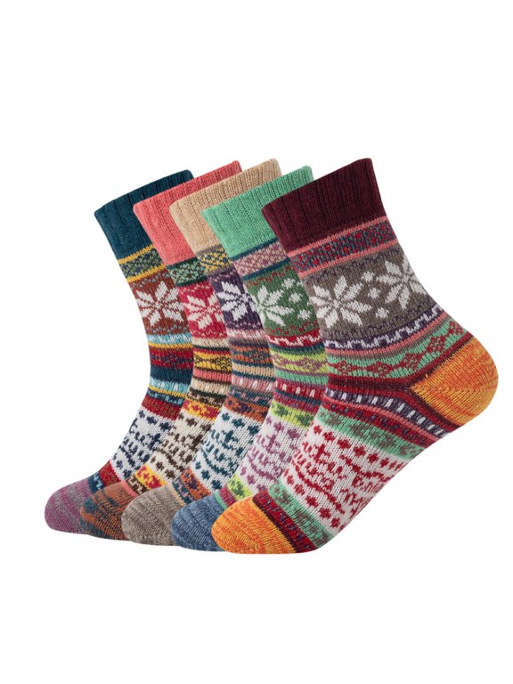 5 Pairs Women Vintage Crew Socks Snowflake Colorful Ethnic Winter Warm Knit Mid Calf Socks for Christmas