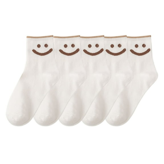 5 Pairs Women's Ankle Socks with Smiley Face Design Soft Cotton Ribbed Cuffs for Casual Everyday Wear, 5 PK White