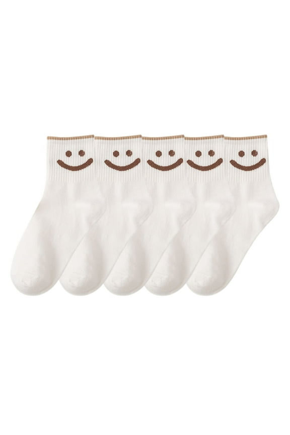 5 Pairs Women's Ankle Socks with Smiley Face Design Soft Cotton Ribbed Cuffs for Casual Everyday Wear, 5 PK White