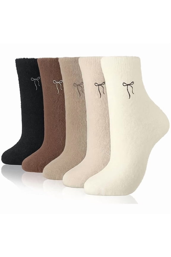 5 Pairs Women's Bow Fuzzy Socks Winter Soft Slipper Socks Coquette Stuff Fluffy Thick Home Sleeping
