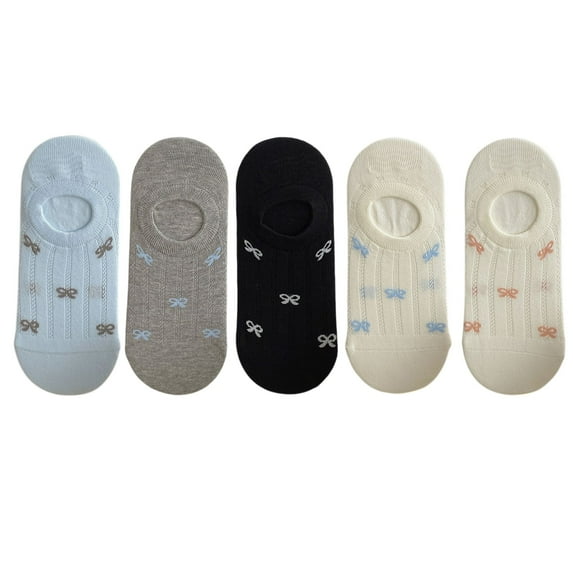 5 Pairs Women's Bow Pattern Low Cut No Show Socks Breathable Mesh Knit Anti-Slip Design Multiple Color Options - 5 pairs-A