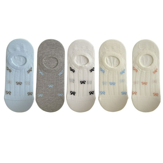 5 Pairs Women's Bow Pattern Low Cut No Show Socks Breathable Mesh Knit Anti-Slip Design Multiple Color Options - 5 pairs-B