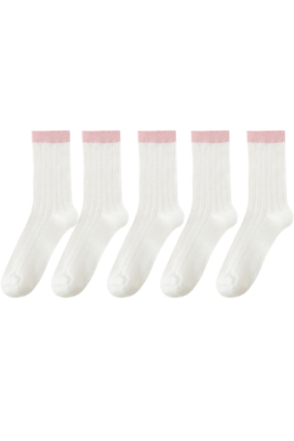 5 Pairs Women's Breathable Lace-Knit Crew Socks with Colored Cuffs Soft Lightweight Anti-Odor for Casual Wear, 5 PK Pink