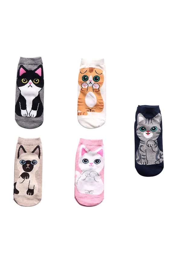 5 Pairs Women's Casual Cotton Socks Cartoon Cats Print Elastic Cuffs Low Cut Short Ankle Socks for Sports and Leisure
