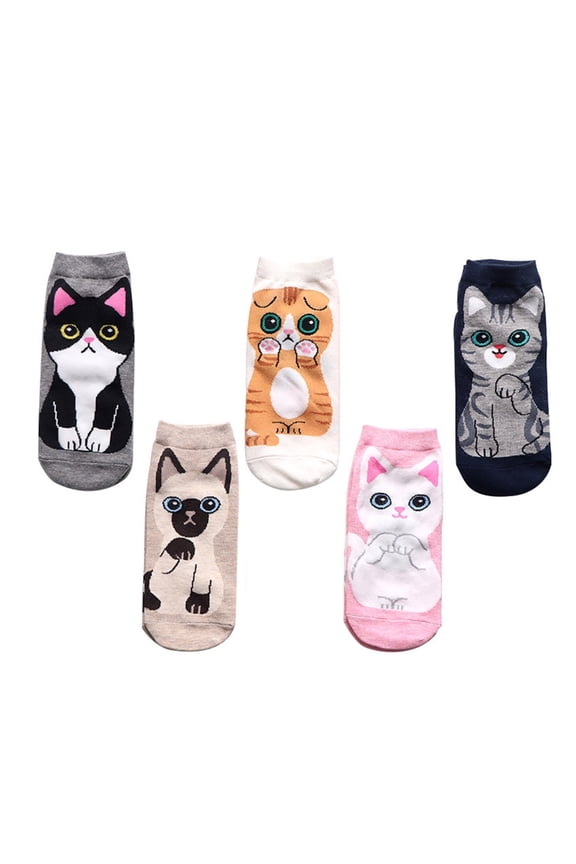 5 Pairs Women's Cotton Ankle Socks Cats Print Breathable Comfortable Low Cut Short Socks for Daily Wear and Sports