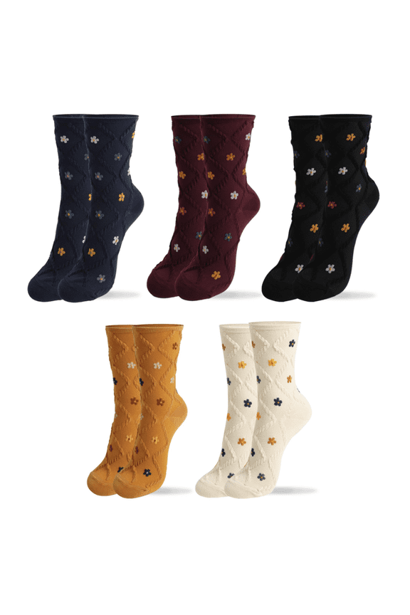 5 Pairs Women's Cotton Crew Socks - Cute Flower Graphic Polka Dot Striped Heart Patterned - Ladies Girls Casual Socks Size 6-8