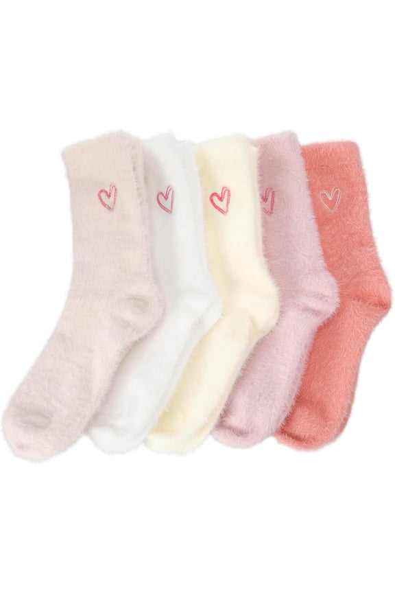 5 Pairs Women's Embroidered Heart Fuzzy Socks - Soft Fluffy Mid-calf Warm Slipper Socks for Winter, Home, Spa (5 Styles)
