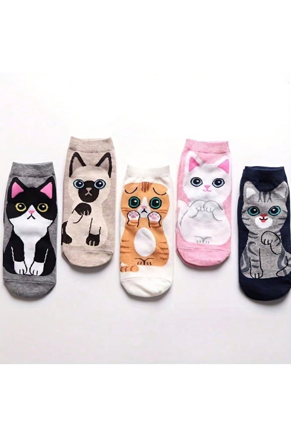 5 Pairs Women's Feline Design Ankle Socks - Cartoon Cat Patterns with Breathable Fabric, Comfortable Fit for Daily Wear and Relaxation