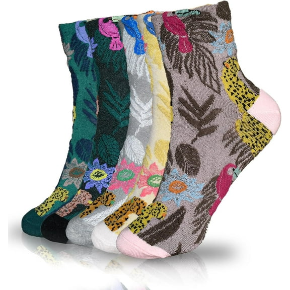 5 Pairs Women's Floral Cotton Vintage Pattern Crew Novelty Ankle Ruffle Warm Casual Dress Socks