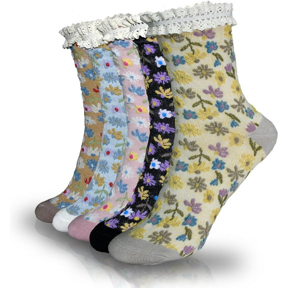 5 Pairs Women's Floral Cotton Vintage Pattern Crew Novelty Ankle Ruffle Warm Casual Dress Socks