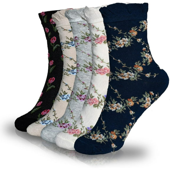 5 Pairs Women's Floral Cotton Vintage Pattern Crew Novelty Ankle Ruffle Warm Casual Dress Socks