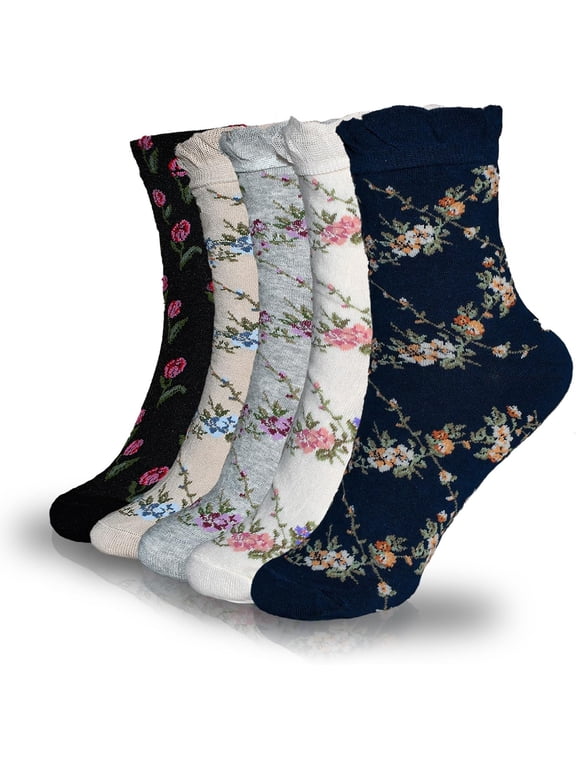 5 Pairs Women's Floral Cotton Vintage Pattern Crew Novelty Ankle Ruffle Warm Casual Dress Socks