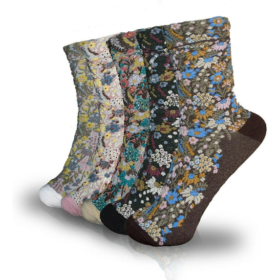 5 Pairs Women's Floral Cotton Vintage Pattern Crew Novelty Ankle Ruffle Warm Casual Dress Socks