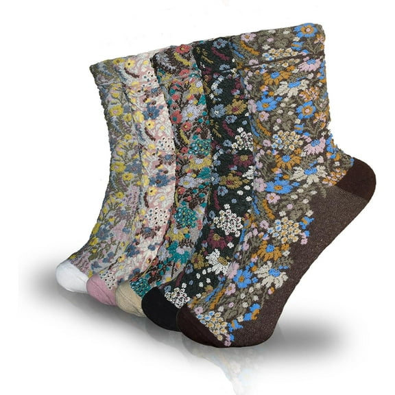 5 Pairs Women's Floral Cotton Vintage Pattern Crew Novelty Ankle Ruffle Warm Casual Dress Socks