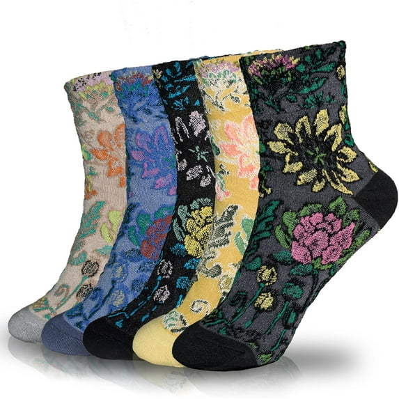 5 Pairs Women's Floral Cotton Vintage Pattern Crew Novelty Ankle Ruffle Warm Casual Dress Socks