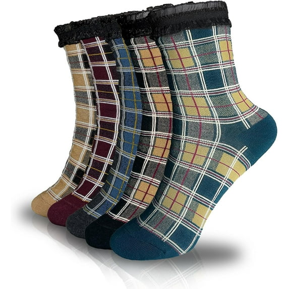 5 Pairs Women's Floral Cotton Vintage Pattern Crew Novelty Ankle Ruffle Warm Casual Dress Socks