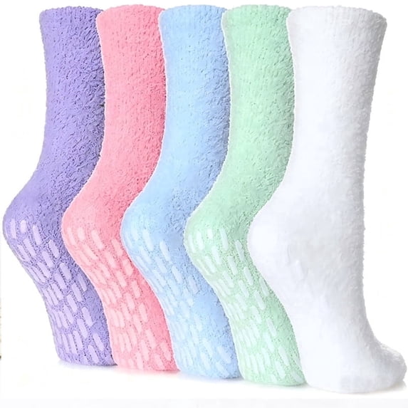 5 Pairs Women's Fuzzy Socks with Non-Slip Grips, Soft Fluffy Slipper Ankle Socks for Winter Warmth, Home Sleep & Hospital Use