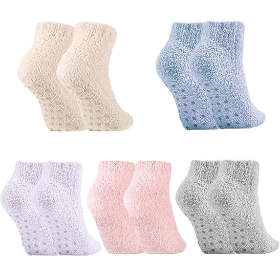 5 Pairs Women's Fuzzy Socks with Non-Slip Grips, Soft Fluffy Slipper Ankle Socks for Winter Warmth, Home Sleep & Hospital Use