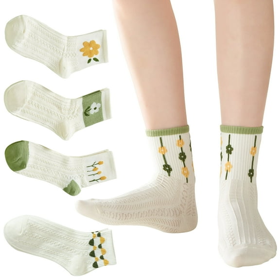 LDU Women‘s Floral Crew Socks, Allover Flower Knit, 6 Pairs