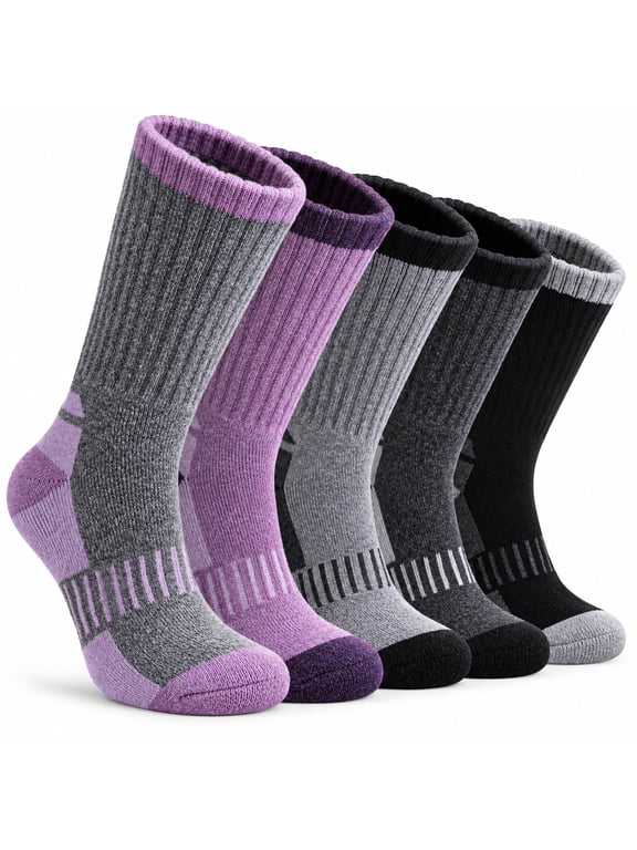 5 Pairs Womens Merino Wool Hiking Socks - Thermal Winter Crew Boot Socks with Cushion Comfort