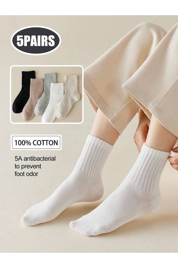 5 Pairs Of Women's Neutral Mid-Length Cotton Crew Socks, High Elasticity, Antibacterial And Deodorizing, Multi-Color Simple Plain Version Suitable For Casual Daily Business Wear, Fall