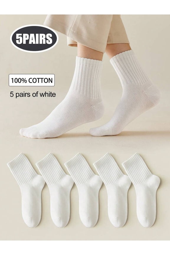 5 Pairs Of Women's Neutral Mid-Length Cotton Crew Socks, High Elasticity, Antibacterial And Deodorizing, Multi-Color Simple Plain Version Suitable For Casual Daily Business Wear, Fall