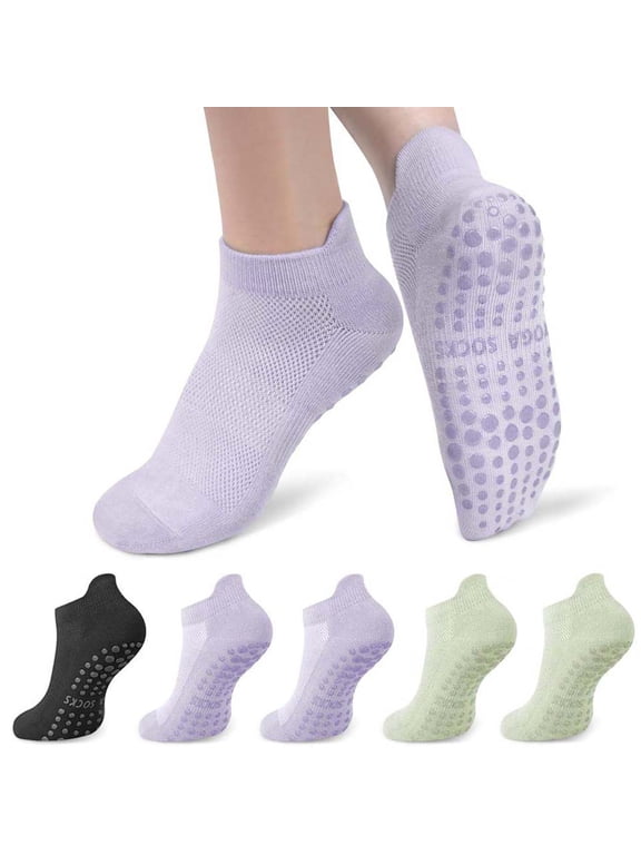 5 Pairs Womens Non-Slip Yoga & Grip Socks Cotton Anti-Skid Floor Socks for Ballet, Barre, Pilates & Daily Wear