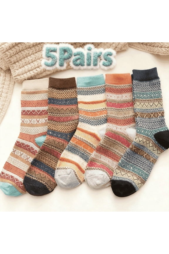 5 Pairs Women's Nordic Heritage Wool Socks - Traditional Patterns With Modern Thermal Technology, Perfect For Cultural Events And Winter Outdoor Activities