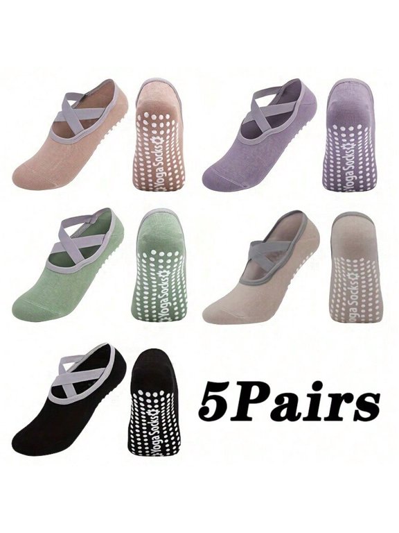 5 Pairs Women's Pilates Ankle Straps Socks - Silicone Anti-Slip Grip For Yoga Fitness, Machine Washable, Textured Ground Contact, 5 Colors (Black/Violet/Beige/Pink/Mint Green)