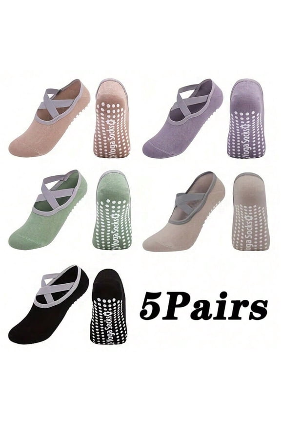 5 Pairs Women's Pilates Ankle Straps Socks - Silicone Anti-Slip Grip For Yoga Fitness, Machine Washable, Textured Ground Contact, 5 Colors (Black/Violet/Beige/Pink/Mint Green)