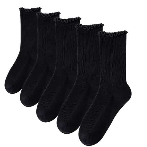 5 Pairs Women's Ruffle Crew Socks - Breathable Stretchy Comfort One Size, Black