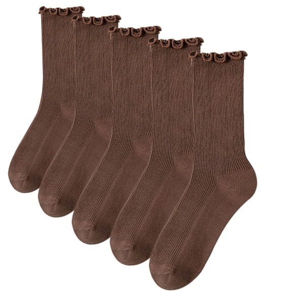 5 Pairs Women's Ruffle Crew Socks - Breathable Stretchy Comfort One Size, Brown