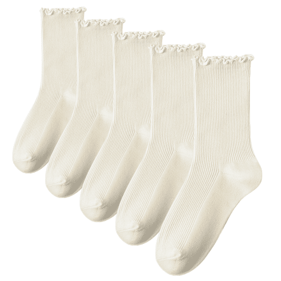 5 Pairs Women's Ruffle Crew Socks - Breathable Stretchy Comfort One Size, Cream