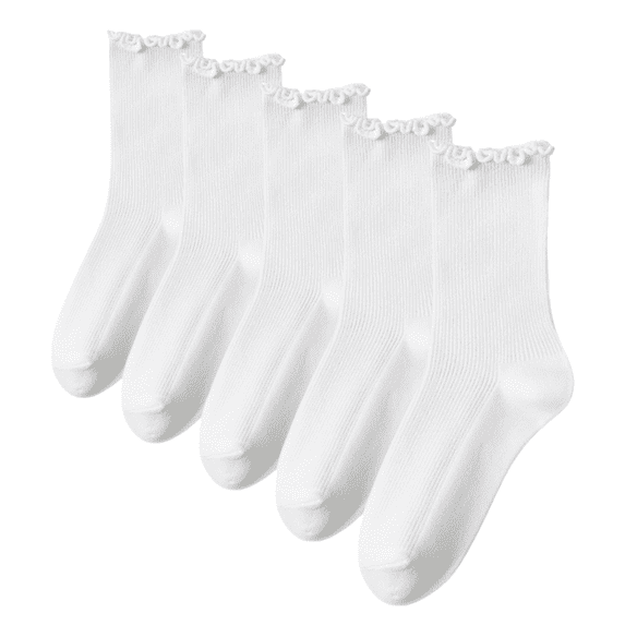 5 Pairs Women's Ruffle Crew Socks - Breathable Stretchy Comfort One Size, White