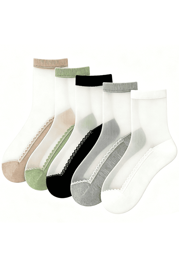 5 Pairs Women's Sheer Socks with Lace Trim,Summer Ultra Thin Cool See Through Silk Socks for All Shoes for Daily(5Colors)
