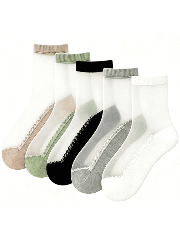 5 Pairs Sheer Socks with Lace Trim for Women,Summer Ultra Thin Cool See Through Silk Socks for All Shoes