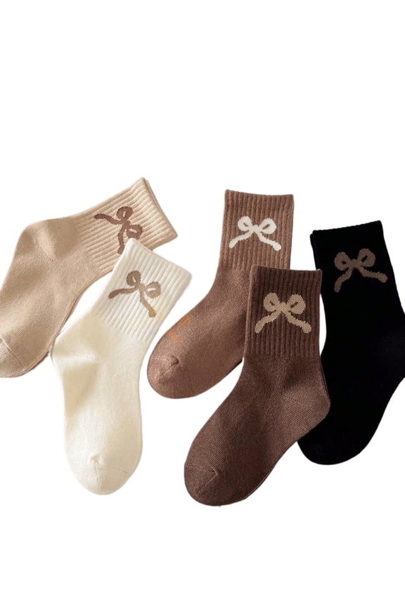 5 Pairs Women's Soft & Comfortable Brown Bow Mid-Calf Socks, Fashionable & Cute, Suitable For Daily Wear With Snow Boots, Autumn/Winter