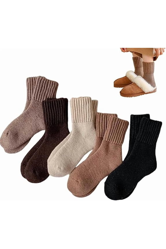 5 Pairs Women's Solid Mid-Calf Socks,Cozy Fall Socks, Fuzzy Thick Warm Winter Thermal Cotton Crew Socks