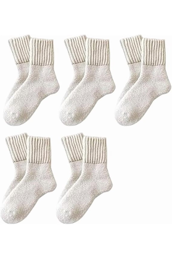 5 Pairs Women's Solid Mid-Calf Socks,Cozy Fall Socks, Fuzzy Thick Warm Winter Thermal Cotton Crew Socks