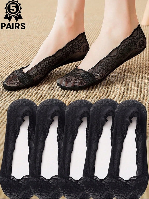 5 Pairs Women's Summer Lace Wave Flower Invisible Boat Socks, Sweat Absorbent And Moisture Wicking, Invisible And Anti-Slip, Suitable For Summer Daily Wear Or Gift.