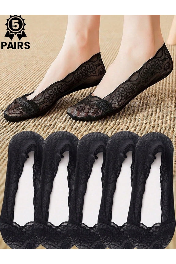 5 Pairs Women's Summer Lace Wave Flower Invisible Boat Socks, Sweat Absorbent And Moisture Wicking, Invisible And Anti-Slip, Suitable For Summer Daily Wear Or Gift.