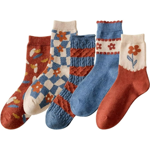 5 Pairs Women's Vintage Wool Socks, Super Cozy Thick Winter Hiking Crew Socks