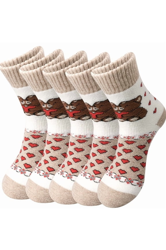 5 Pairs Women's Winter Warm Plush Socks - Bear & Heart Pattern -Like Thermal Tights, Cozy Short Crew Socks with Brown Teddy Bear & Pink Hearts for /Outdoor, Sports, Snow (Machine Washable, /)