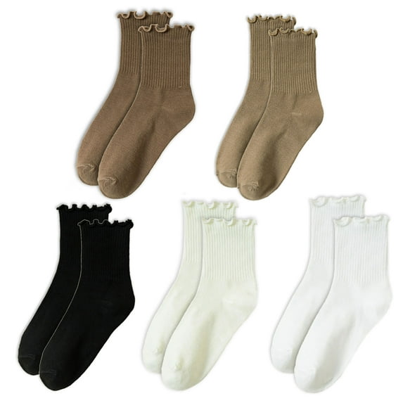 5 Pairs Womens Casual Ruffle Trim Ribbed Knitted Dress Socks Soft Breathable Stretchy Frilly Ankle Socks for Daily Use